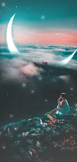 Woman sitting under a crescent moon and clouds with a mystical setting.