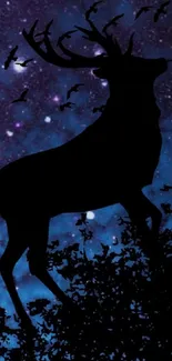 Silhouette of girl and deer under starry blue night sky.