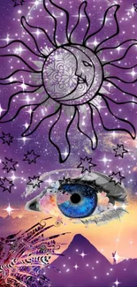 Mystical cosmic wallpaper with starry sky, celestial sun, and vibrant eye.