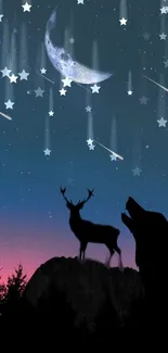 Mystical night sky with deer and wolf under stars.