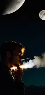 Silhouette smoking under a mystical night sky with two moons.