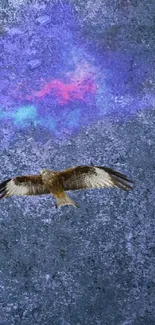 Mystical night sky wallpaper with a soaring hawk and colorful nebula.