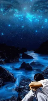 Mystical night sky and ocean wallpaper with celestial theme.