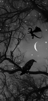 Silhouetted dragon and raven against a starry night sky with crescent moon.