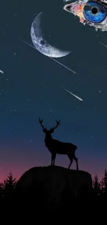 Mobile wallpaper with a night sky, blue eye, moon, and silhouetted deer.