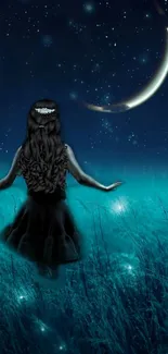 A mysterious girl in a teal field under a crescent moon and starry sky.