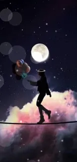 Silhouette walking tightrope under moonlit sky with colorful clouds.