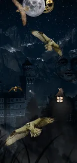 Enchanted night scene with owls and moon above a castle landscape.