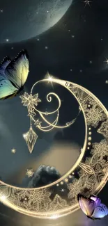 Mystical wallpaper with crescent moon and butterflies.