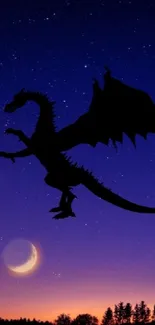 Dragon silhouette in a starry night sky with crescent moon.