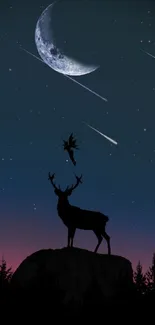 Mystical deer silhouette under moon with shooting stars in a night sky.