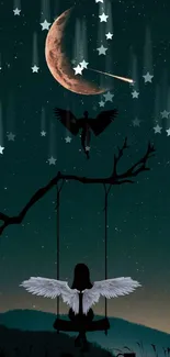 Silhouette of angel on swing under starry crescent moon.