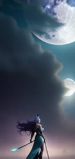 Fantasy warrior under a mystical moonlit sky.