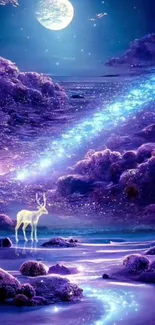 Mystical fantasy wallpaper with a glowing deer under a purple starry sky.