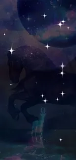 Mystical horse under a starry night sky with ethereal lighting.