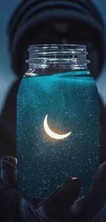 Hand holding a jar with a glowing crescent moon and starry sky.