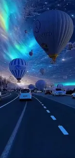 Hot air balloons under a vibrant night sky.