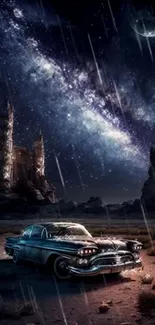 Vintage car under a starry night sky with cosmic elements and moonlight.