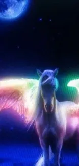 Mystical pegasus with rainbow wings under a moonlit sky.