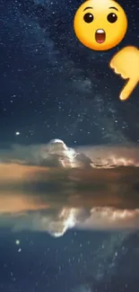 Starry night sky with boat and reflection on water.