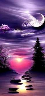 Mystical night sky with crescent moon and serene landscape.