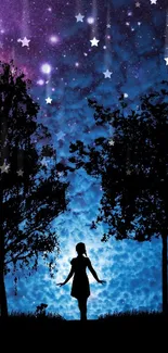 Silhouette under a starry night sky with purple and blue hues.