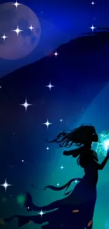 Silhouette with glowing orb under a starry night sky.