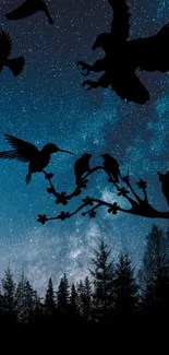 Mystical night sky with birds and trees silhouetted against stars.