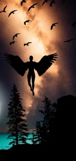 Silhouette with wings under night sky and luminous celestial background.