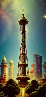 Mystical tower under starry night sky with cosmic elements, ideal for mobile wallpaper.