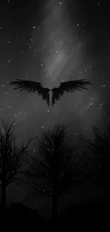 Angel silhouette in a mystical night sky with stars.