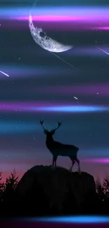 Silhouette deer under a mystical night sky with neon lights and shooting stars.