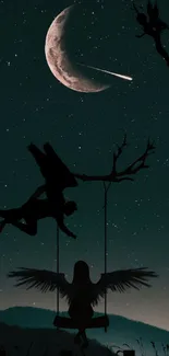 Mystical night sky wallpaper with moon and silhouettes.