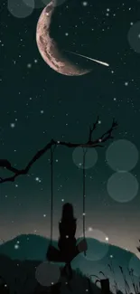 Silhouette swing under a crescent moon with shooting stars.