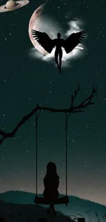 Mystical night sky wallpaper featuring angel and swing.