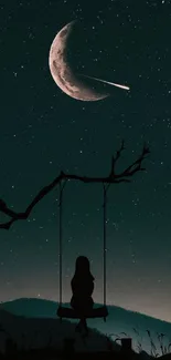 Silhouette of girl on swing under crescent moon and stars in dark teal night sky.