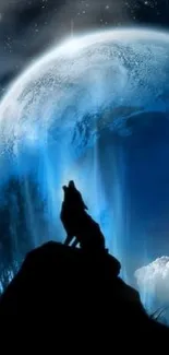 Wolf silhouetted against a night sky with a blue glowing moon.