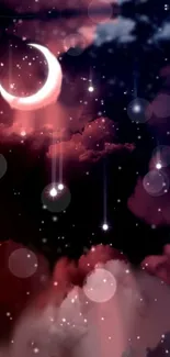 Mystical night sky wallpaper with crescent moon, clouds, and stars.