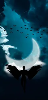 Mystical dark sky with moon and silhouetted angel wings.