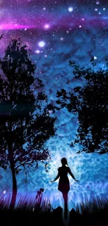 Mystical wallpaper with a silhouette girl under a starry, cosmic night sky.