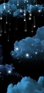 Mystical night sky with glowing blue clouds and stars.