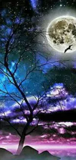 Mystical night sky with moon and tree silhouette wallpaper.