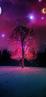 Mystical purple night sky with glowing tree.