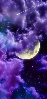 Luminous moon in a vibrant purple clouded sky.