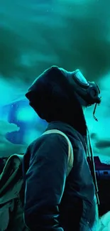 A person in a gas mask gazes at a vibrant teal aurora filled sky.