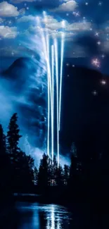 Blue night sky with light beams and stars over a forest.