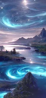 Mystical night sky with swirling blue hues and a serene landscape in fantasy art.