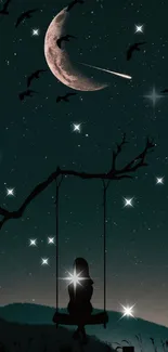 Silhouette under a moonlit sky with stars on a mobile wallpaper.