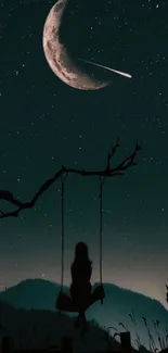 Silhouette on swing under moonlit night sky with shooting star.