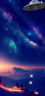 Mystical night wallpaper with UFO, galaxy, and mountain landscape.